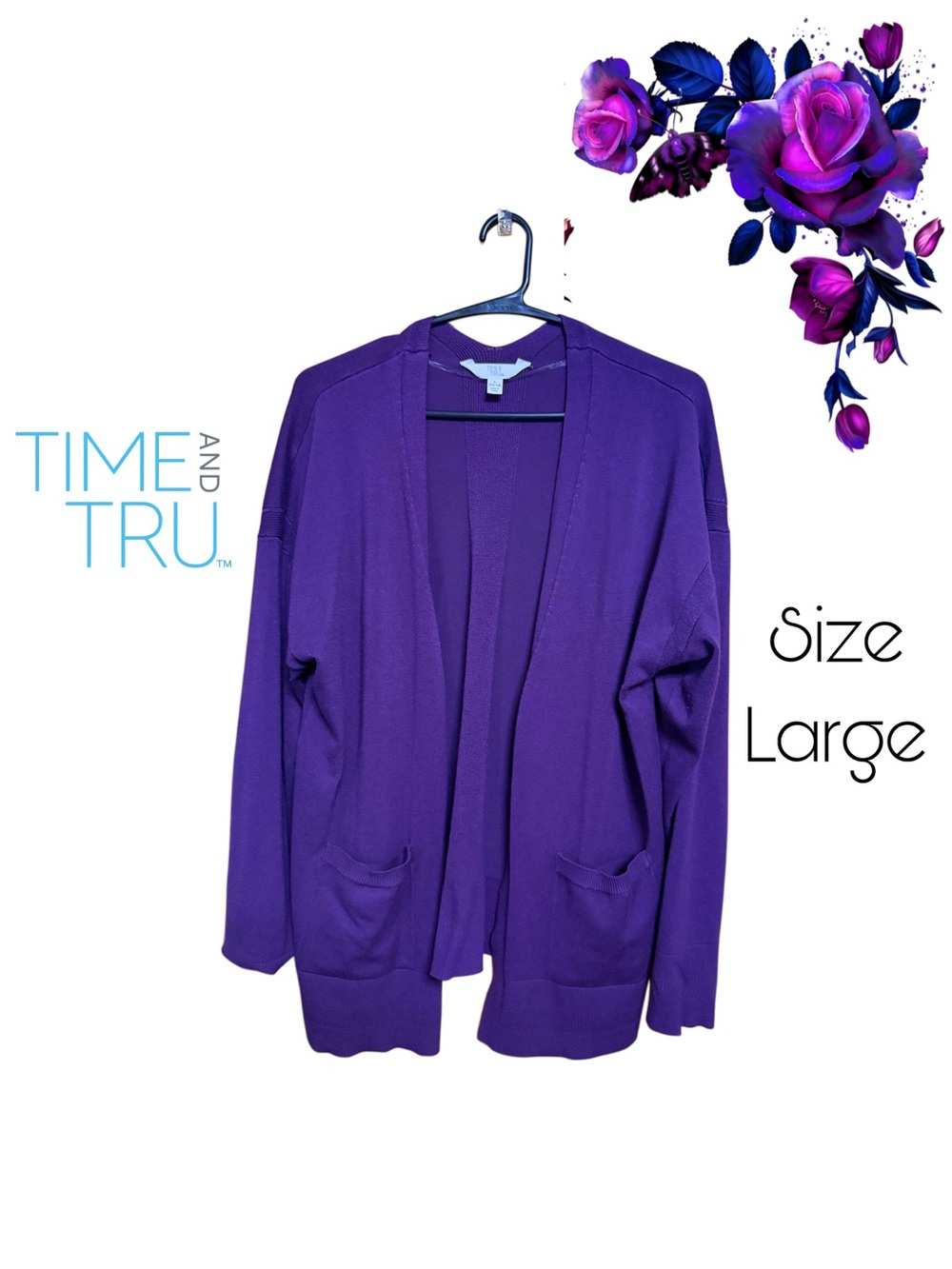 💜 Boutique Style Plum Purple Open Front Cardigan Large Cozy Layering Sweater